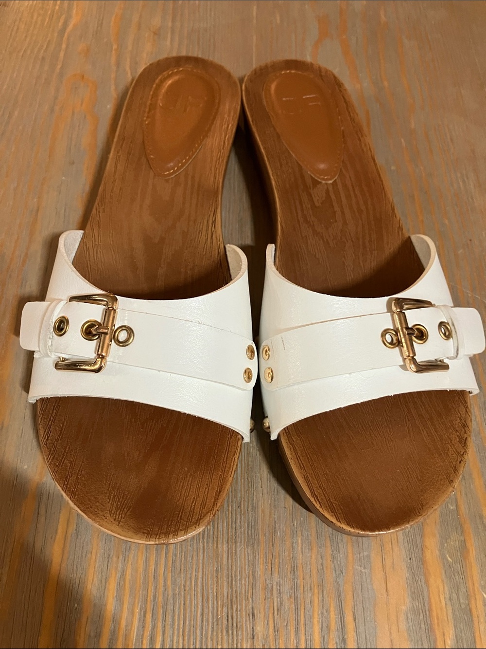 JustFab White Slide Sandals with Gold Buckles